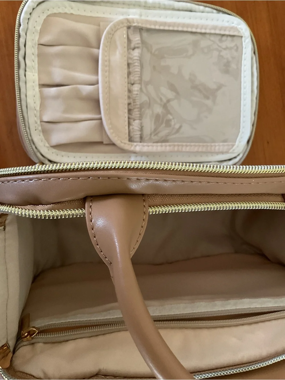 Cream and Tan Cosmetic Travel Case with Top Handles